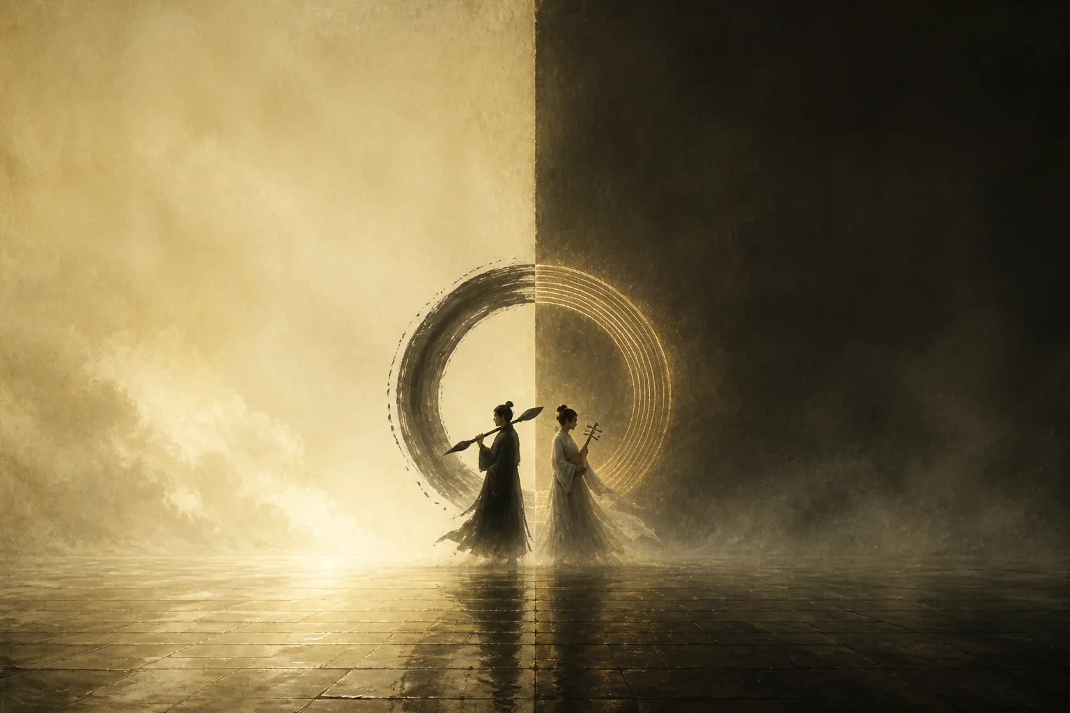 Two figures stand back to back on a plaza split into a bright half and a dark half, a ring of half ink and half light hanging between them